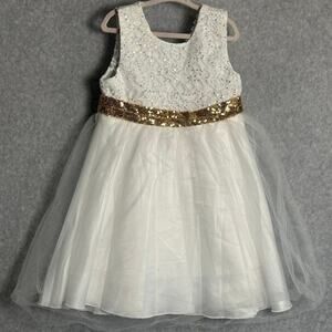 AiLe Rabbit Girls Dress Size 5T NWT Gold Sequin Bow Lace Tulle wedding baptism